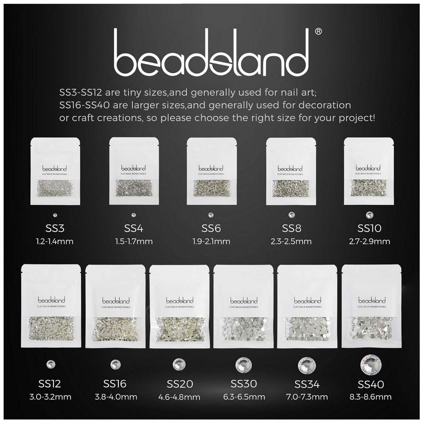 beadsland Flat Back Crystal Rhinestones Round Gems for Nail Art and Craft Glue Fix,Silver Hematite (6.4-6.6mm) SS30/288pcs