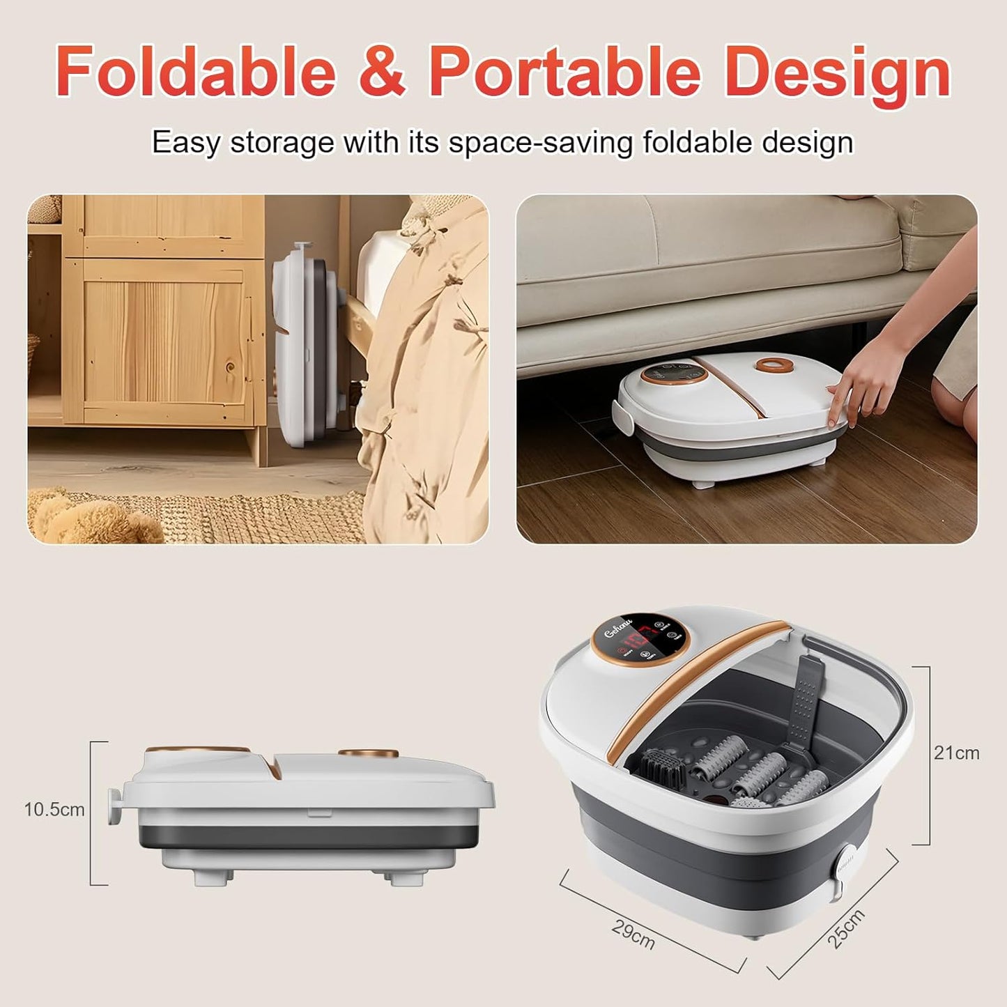 Collapsible Foot Spa Bath with Heat,Foot Massager with Two Side Supports,Leakage Protector,Temperature Control,Bubbles,Red Light,Timer, Feet Spa Tub,Feet Soaker,Gifts (White)
