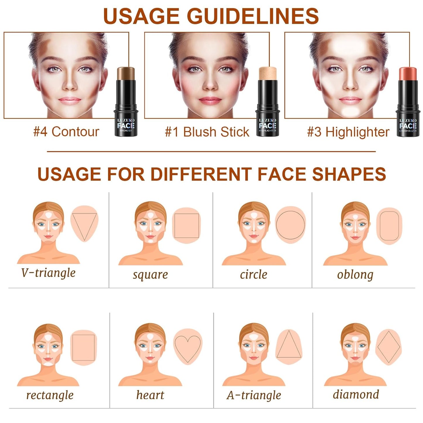 Lezero 3Pcs Contour Stick Makeup Kit, Shades with Highlighter, Blush and Bronzer Stick for Sculpt the Face and All Skin Type, Long Lasting, Smooth, Dewy & Matte Finish, MEDIUM