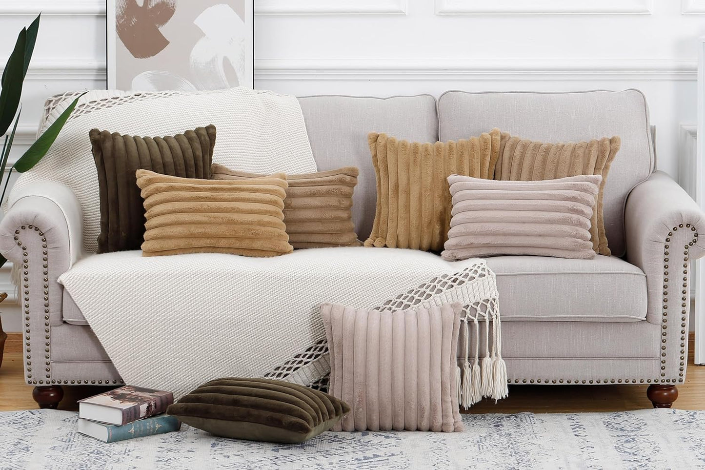MADIZZ Set of 2 Faux Wool Plush Decorative Throw Pillow Covers 12x20 Inch Taupe Fluffy Striped Soft Decorative Cushion Cover for Sofa Bedroom Pillow Shell