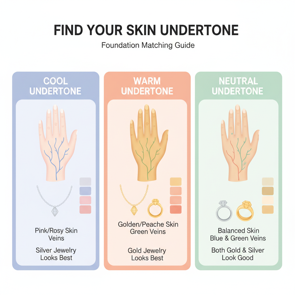 Diverse range of foundation and concealer shades displayed in gradient from light to deep tones with makeup swatches on different skin tones for shade matching guide