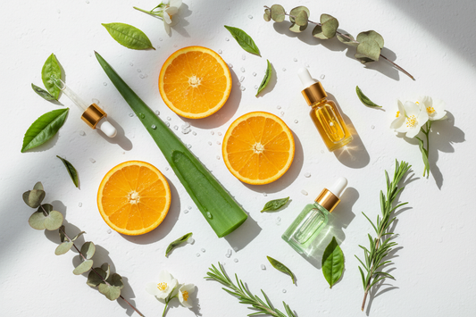 Flat lay of clean beauty skincare ingredients including aloe vera, vitamin C, green tea, and serum bottles on white background — Chérie Beauty clean beauty guide