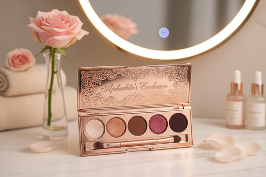 Date night eyeshadow palette featuring romantic champagne, rose gold, bronze, plum, and burgundy shades for glamorous event makeup looks