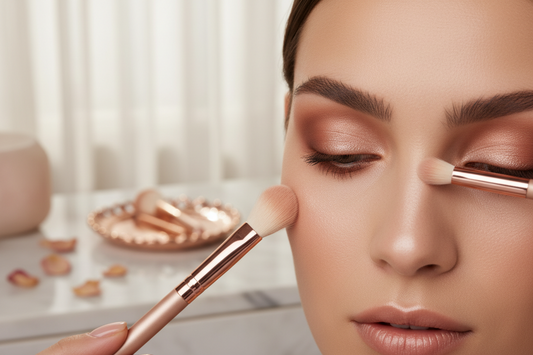 Professional eyeshadow application on hooded eyes showing matte crease shades placed above the natural fold and shimmer on the lid center, demonstrating proper makeup technique for hooded eye shape
