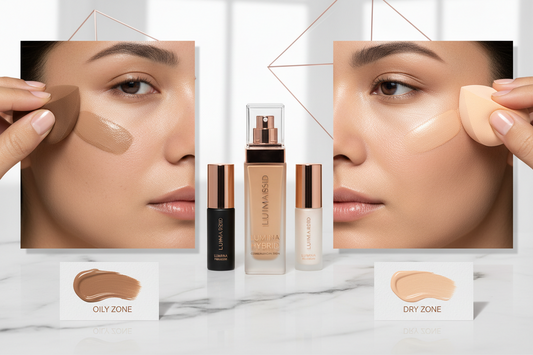 Foundation application guide for combination skin showing liquid foundation, beauty sponge, and primers on marble surface - expert makeup tutorial