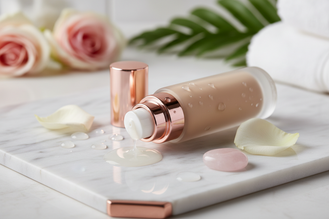 Luxury serum foundation with skincare benefits on marble surface - hybrid makeup and skincare product