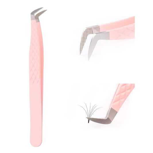 Lash Tweezers for Eyelash Extensions - Professional Artist Tech Work Kit Tools With Fiber Tip for Light or Mega Volume Fans - Curved Tweezers