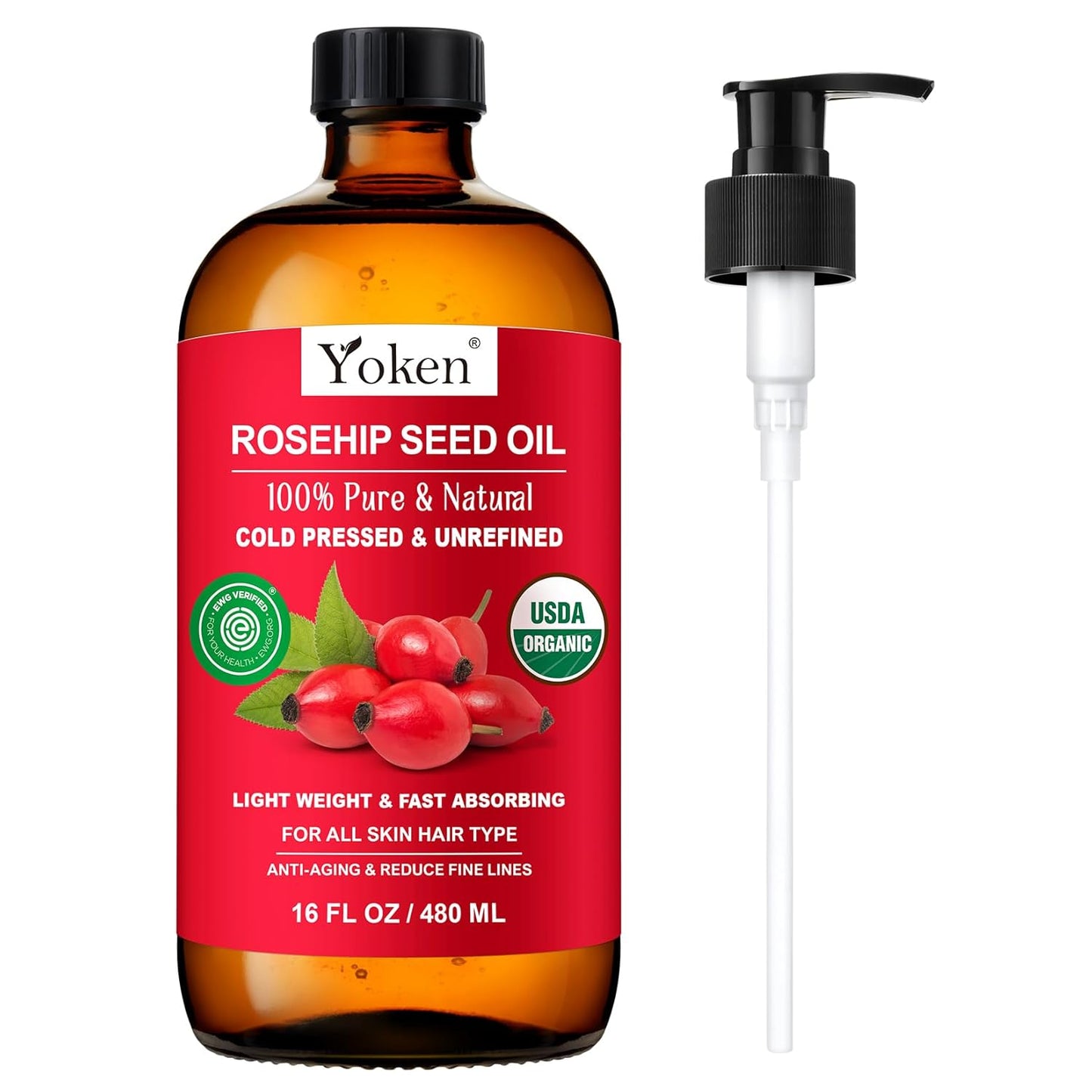 Organic Rosehip Seed Oil, USDA 100% Pure Rosehip Oils for Face, Hair & Body, Large Glass Bottle 16 fl oz Cold Pressed Rose Hip Oil for Skin Care, Moisturizing, Massage, Gua Sha & DIY Blends