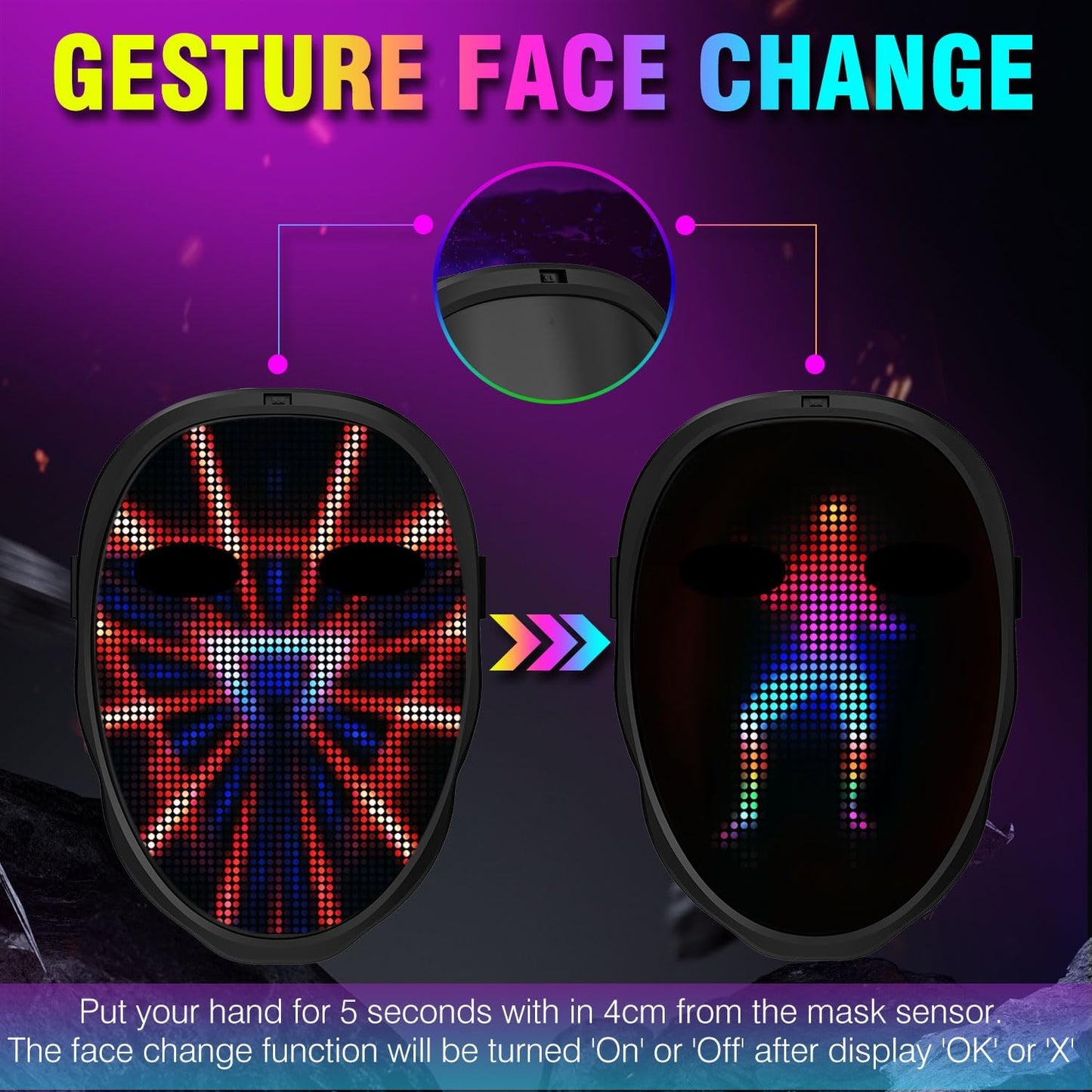 MEGOO Led Mask with Bluetooth Programmable App,Shining Led Light Up Face Mask for Adult Kid Halloween Masquerade Party