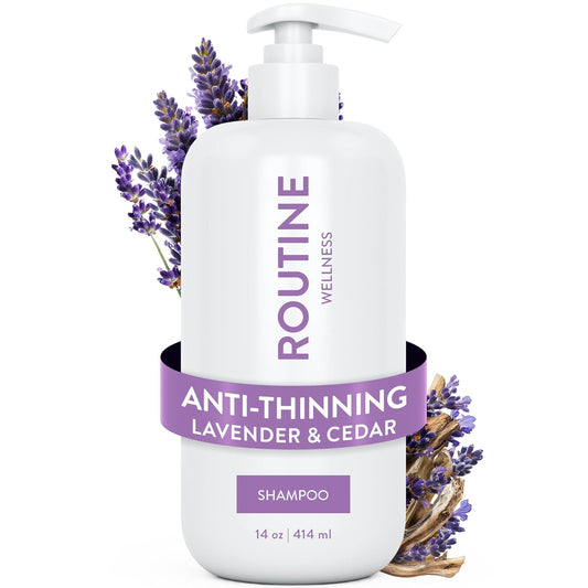 Routine Wellness Anti-Thinning Shampoo for Thinning Hair - Biotin DHT Blocker Women & Men - Color Safe Shampoo for Hair Loss & Healthy Hair - Lavender & Cedar - 14oz