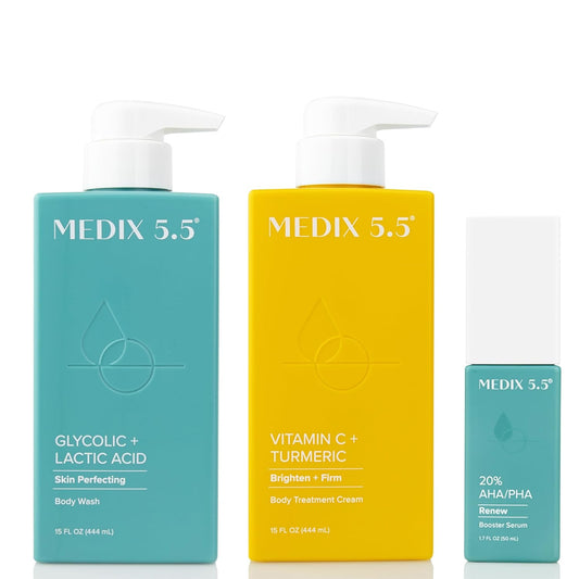 MEDIX Anti Aging Skin Care 3PC Set | Exfoliating AHA Glycolic Acid Foaming Face & Body Wash + Vitamin C Body Cream + 10% AHA Exfoliating Serum For KP Bumps, 3pc Skincare Set