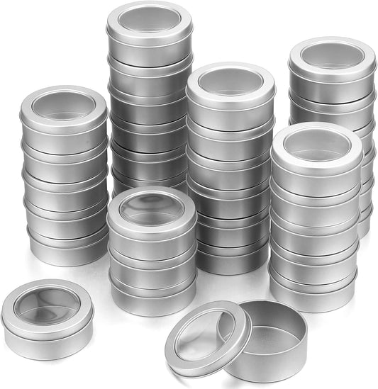 TecUnite 24 Pack 2 Ounce Metal Tin Cans Round Empty Container Salve Tins with Clear Lid for Kitchen, Office, Candles, Candies