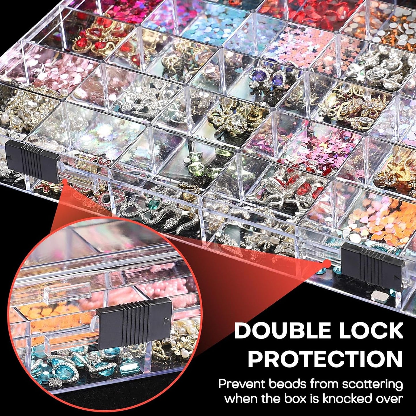 Noverlife 36 Grids Clear Plastic Jewelry Organizer Box, Nail Charm Holder Double Buckle Bead Organizer Storage Container Box, Empty Nail Box Organizer Earring Display Case Acrylic Bead Box for Women