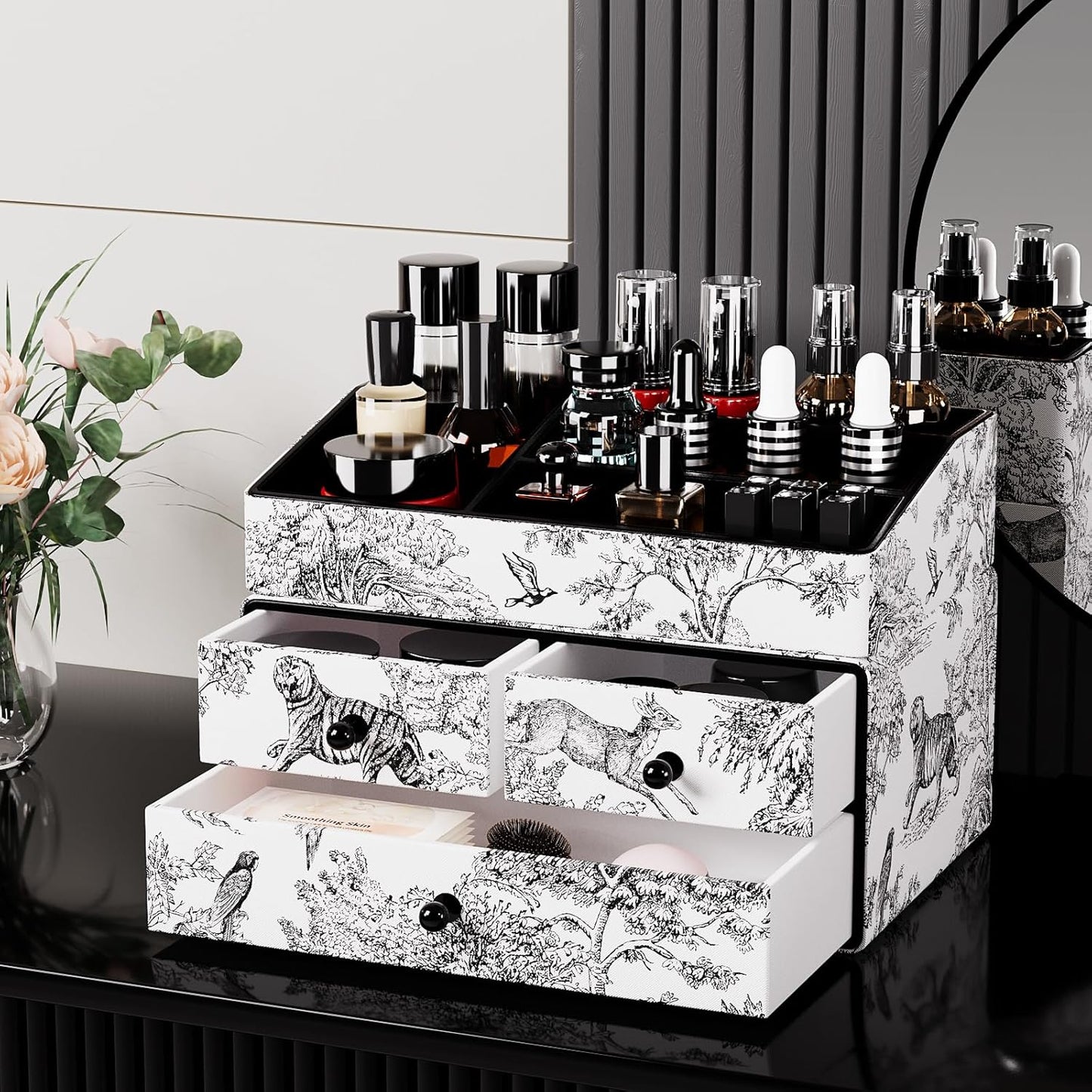 GORESE Leather Makeup Organizer with 3 Drawers for Vanity, Stackable Skincare Holder Dresser Organizer Countertop, Make Up Storage Organizers Counter Cosmetic Display Case Gift for Women(Retro Black)
