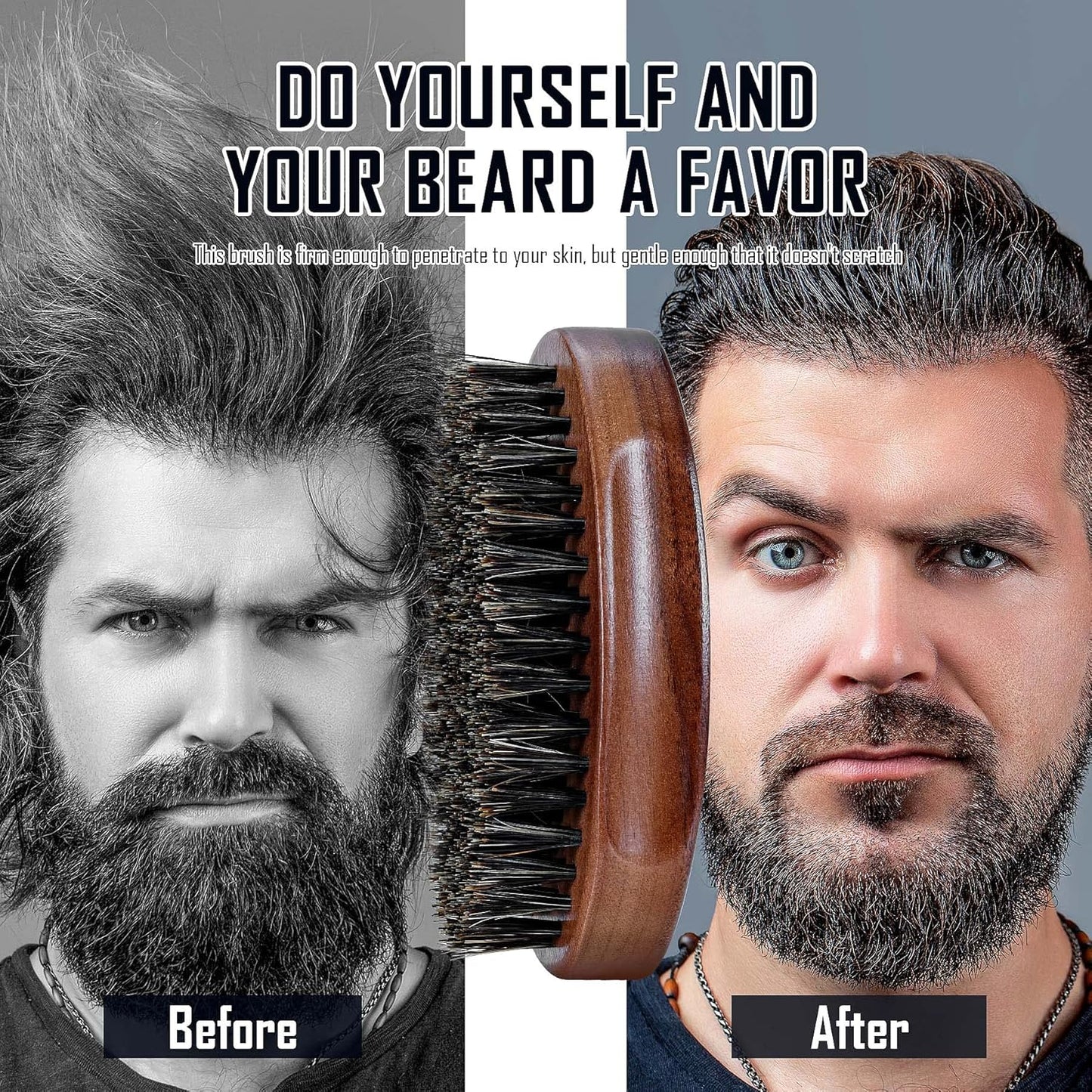 BFWood Boar Bristle Beard Brush - Black Wood Walnut Military Style, Men's Wooden Mustache Brush