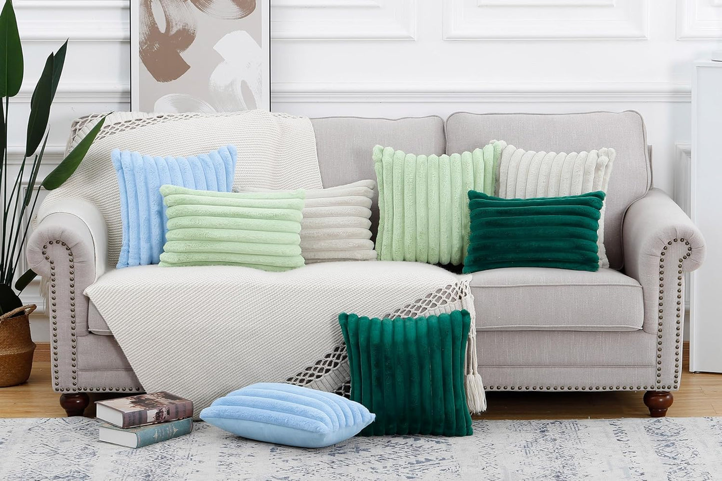 MADIZZ Set of 2 Faux Wool Plush Decorative Throw Pillow Covers 12x20 Inch Light Green Fluffy Striped Soft Decorative Cushion Cover for Sofa Bedroom Pillow Shell