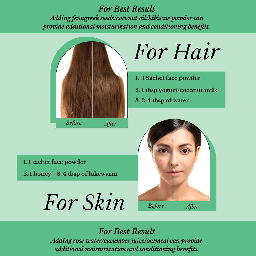 Hair Bliss- Natural Aloe Vera Herbal Hair & Skin Conditioning Powder- 12 Individual Sachets (10 gm each)- Reusable Brush & Tray Included